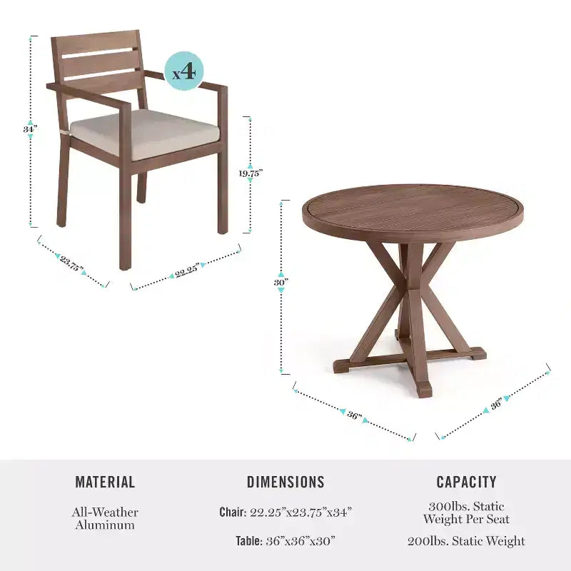 Martha Stewart Bedford 5 Piece Aluminum Patio Set, 4 Stackable Dining Armchairs with Cushions, 36 Round Trestle Base Table, Brushed Woodgrain Finish