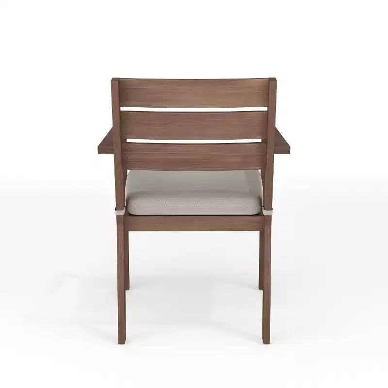 Martha Stewart Bedford 5 Piece Aluminum Patio Set, 4 Stackable Dining Armchairs with Cushions, 36 Round Trestle Base Table, Brushed Woodgrain Finish