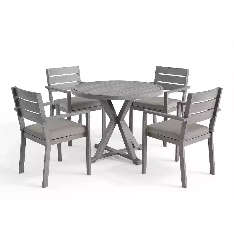 Martha Stewart Bedford 5 Piece Aluminum Patio Set, 4 Stackable Dining Armchairs with Cushions, 36 Round Trestle Base Table, Brushed Woodgrain Finish