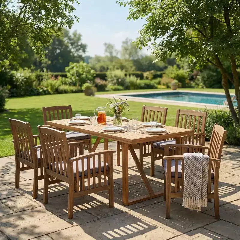 7-Piece Acacia Wood Outdoor Dining Set, Modern Rectangular Table with 6 Cushioned Chairs for Patio, Backyard, Deck, and Poolside-Panipeachy