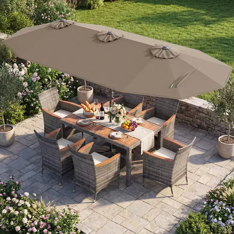 Ensemble de salle à manger Gymax 8 pièces avec parasol de marché double face et plateau en bois d'acacia