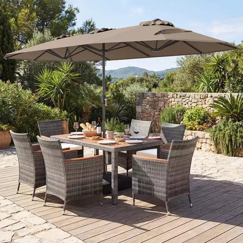 Ensemble de salle à manger Gymax 8 pièces avec parasol de marché double face et plateau en bois d'acacia