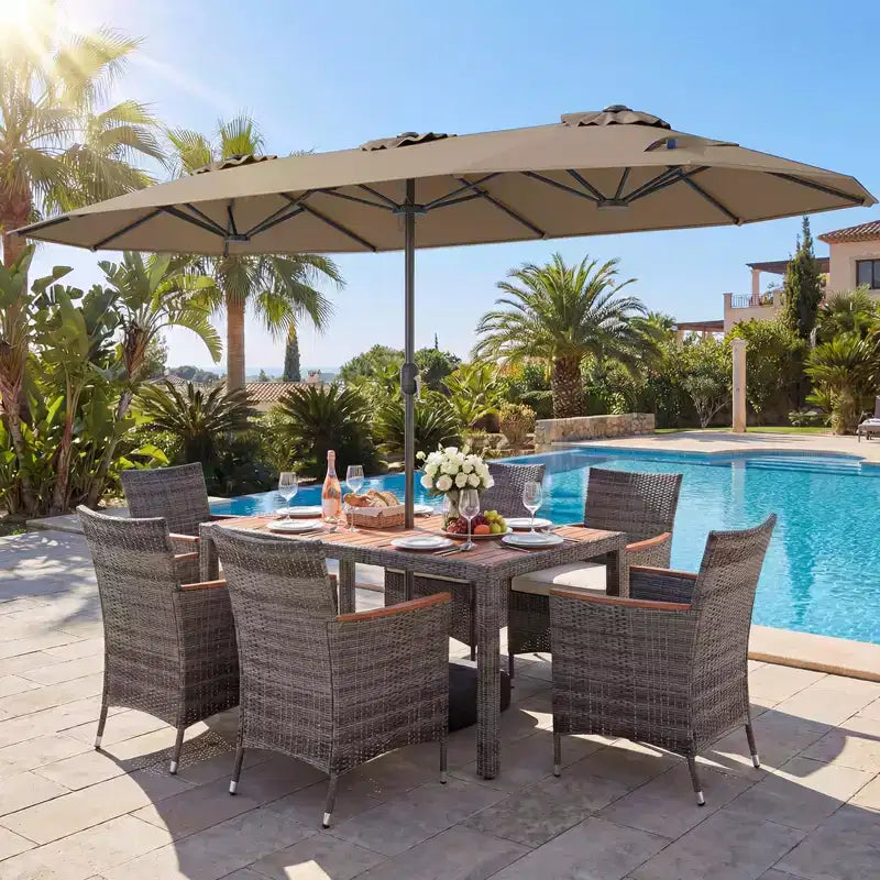 Ensemble de salle à manger Gymax 8 pièces avec parasol de marché double face et plateau en bois d'acacia