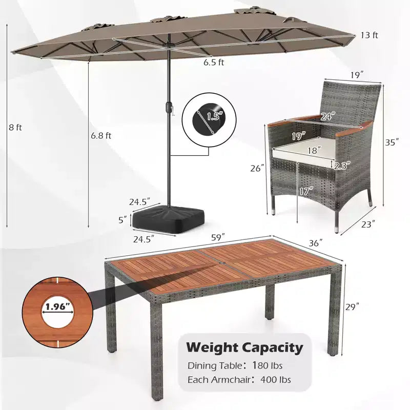 Ensemble de salle à manger Gymax 8 pièces avec parasol de marché double face et plateau en bois d'acacia
