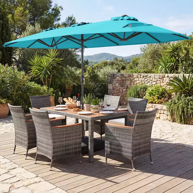 Ensemble de salle à manger Gymax 8 pièces avec parasol de marché double face et plateau en bois d'acacia