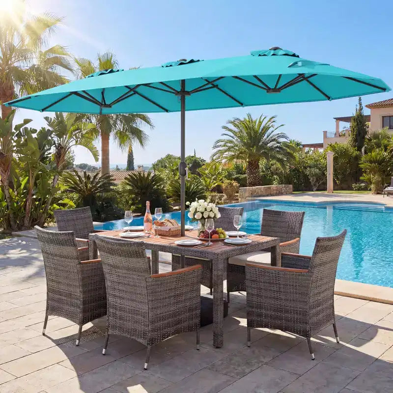 Ensemble de salle à manger Gymax 8 pièces avec parasol de marché double face et plateau en bois d'acacia