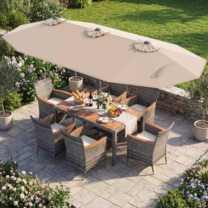 Ensemble de salle à manger Gymax 8 pièces avec parasol de marché double face et plateau en bois d'acacia