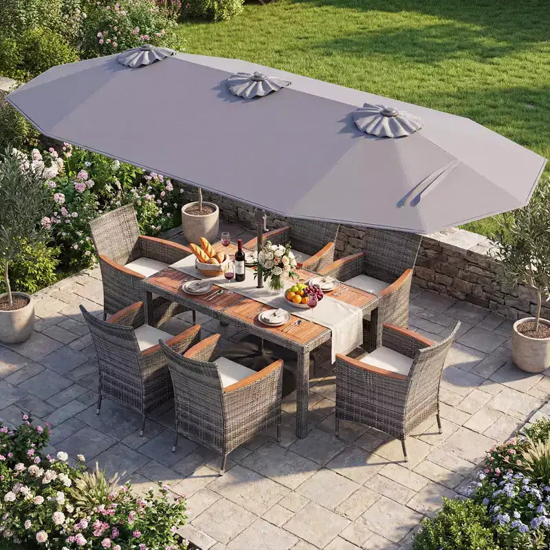 Ensemble de salle à manger Gymax 8 pièces avec parasol de marché double face et plateau en bois d'acacia