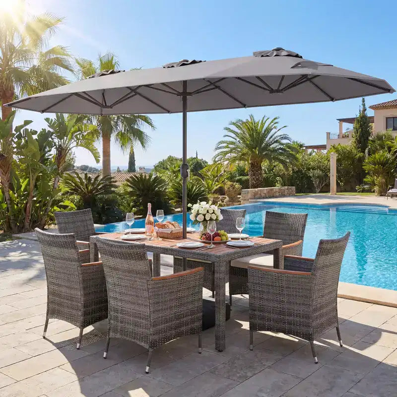 Ensemble de salle à manger Gymax 8 pièces avec parasol de marché double face et plateau en bois d'acacia