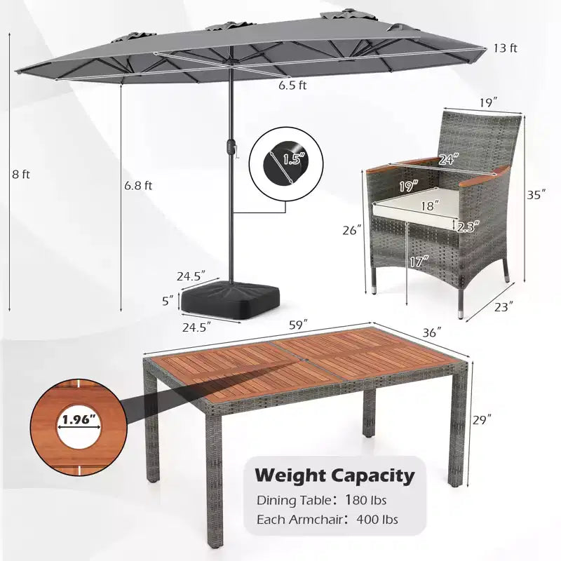 Ensemble de salle à manger Gymax 8 pièces avec parasol de marché double face et plateau en bois d'acacia