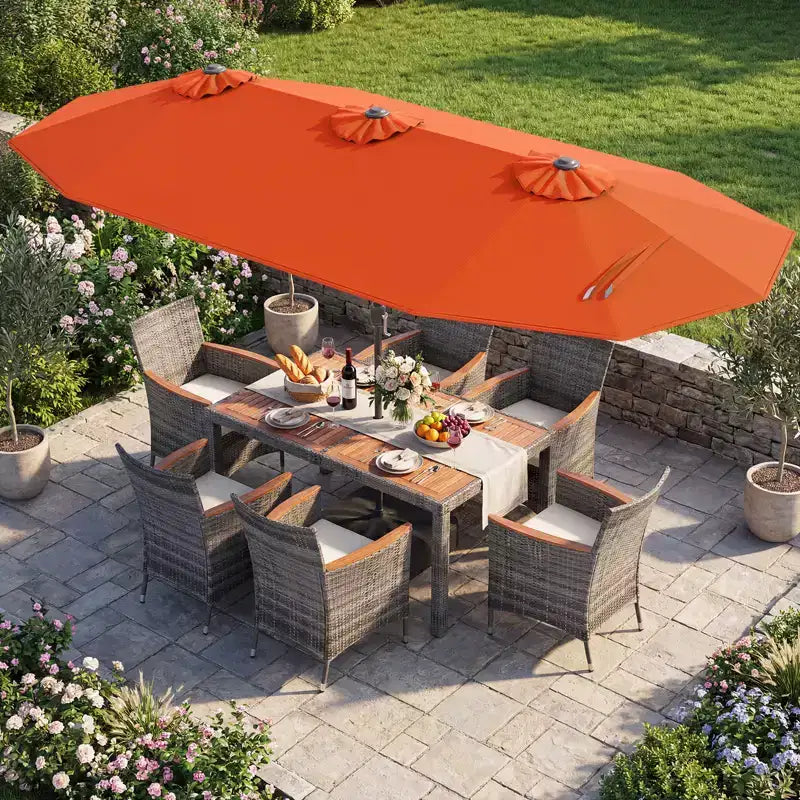 Ensemble de salle à manger Gymax 8 pièces avec parasol de marché double face et plateau en bois d'acacia