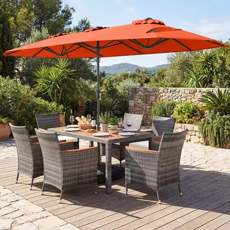 Ensemble de salle à manger Gymax 8 pièces avec parasol de marché double face et plateau en bois d'acacia