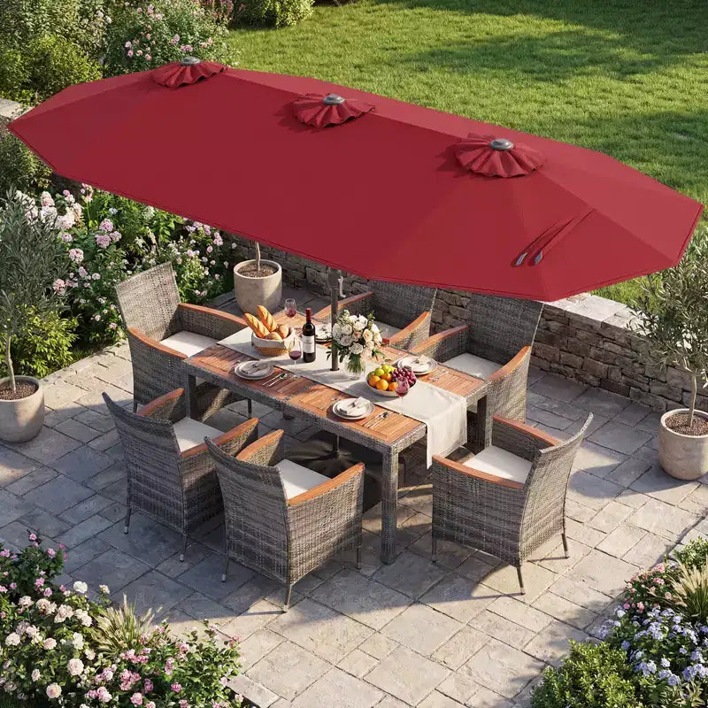 Ensemble de salle à manger Gymax 8 pièces avec parasol de marché double face et plateau en bois d'acacia