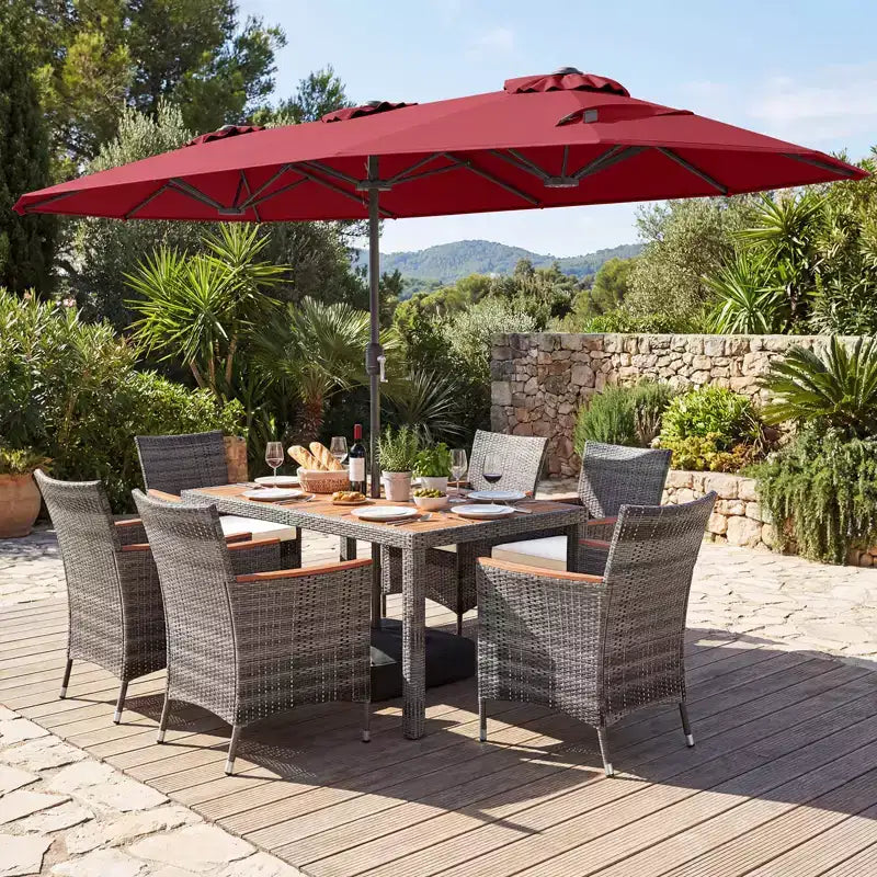 Ensemble de salle à manger Gymax 8 pièces avec parasol de marché double face et plateau en bois d'acacia