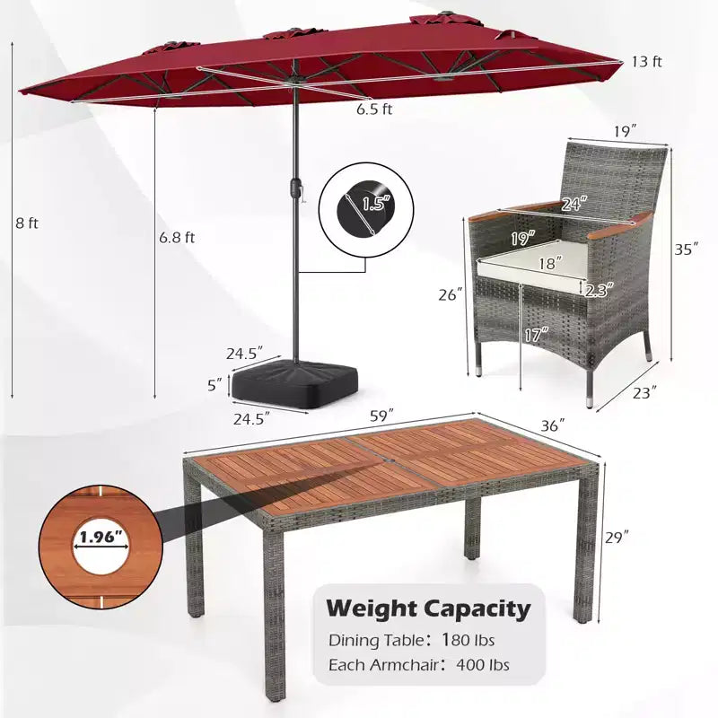 Ensemble de salle à manger Gymax 8 pièces avec parasol de marché double face et plateau en bois d'acacia