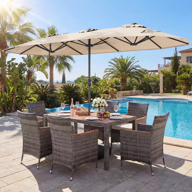 Ensemble de salle à manger Gymax 8 pièces avec parasol de marché double face et plateau en bois d'acacia