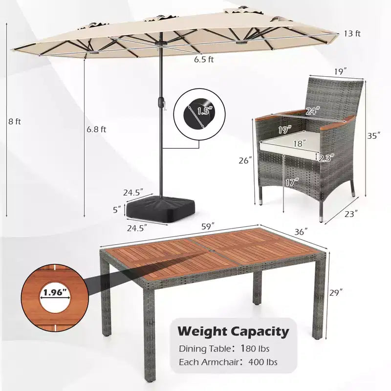 Ensemble de salle à manger Gymax 8 pièces avec parasol de marché double face et plateau en bois d'acacia
