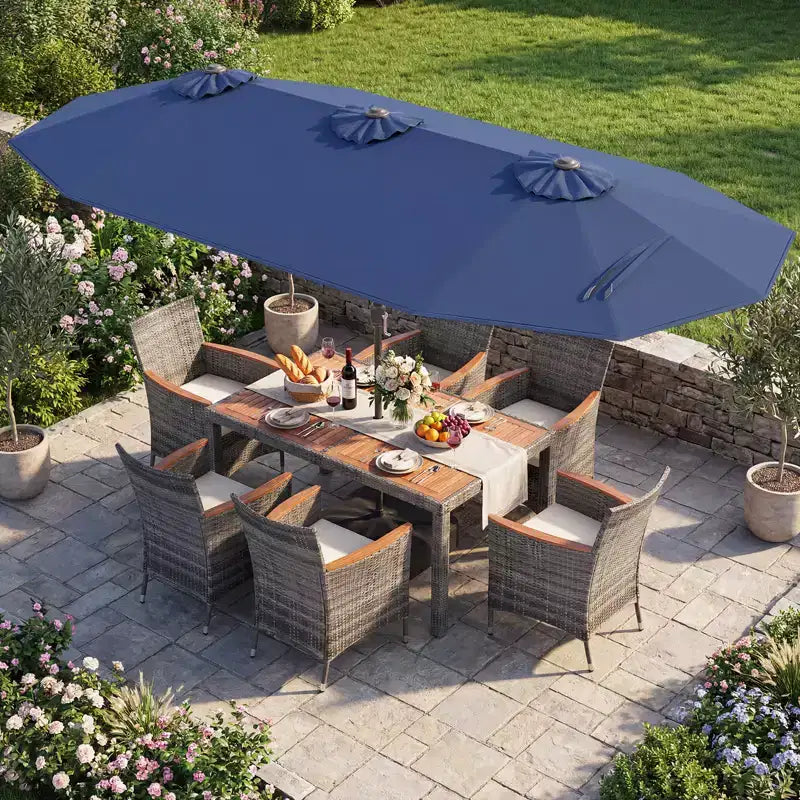 Ensemble de salle à manger Gymax 8 pièces avec parasol de marché double face et plateau en bois d'acacia