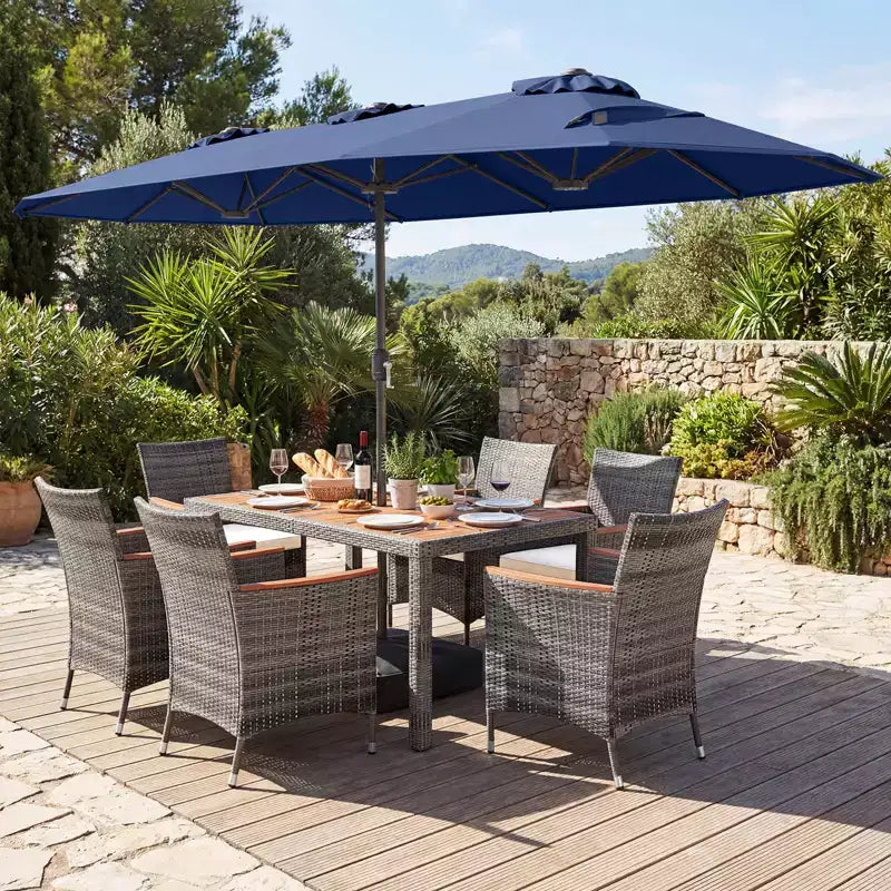 Ensemble de salle à manger Gymax 8 pièces avec parasol de marché double face et plateau en bois d'acacia