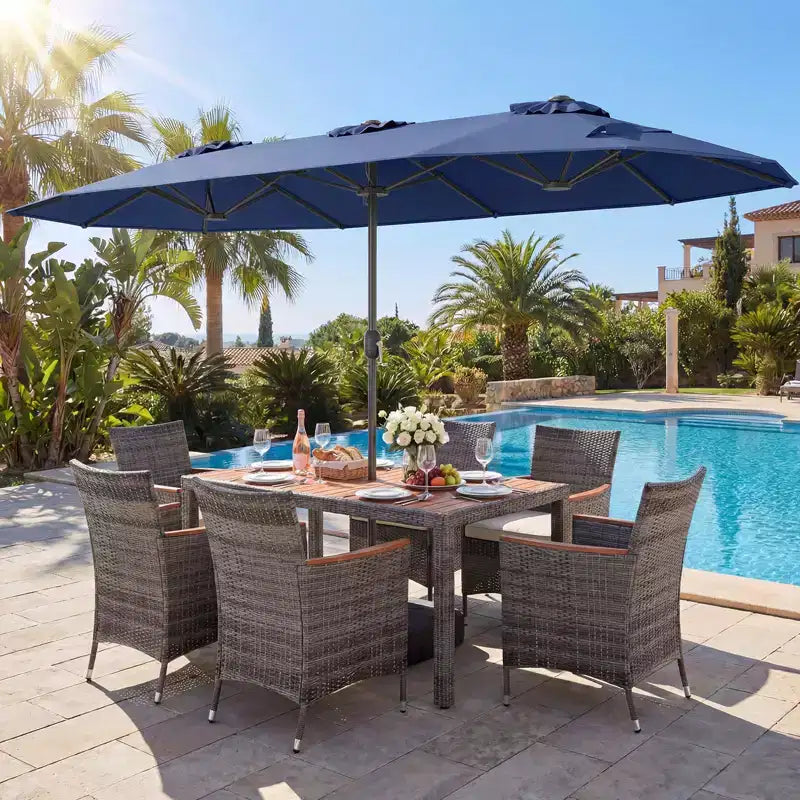 Ensemble de salle à manger Gymax 8 pièces avec parasol de marché double face et plateau en bois d'acacia