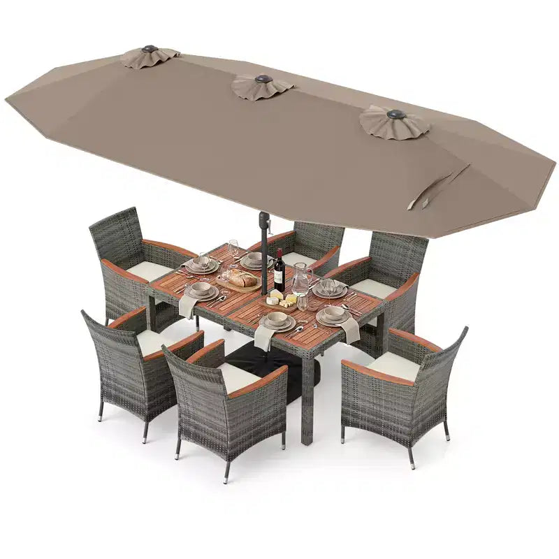 Gymax 8-Piece Patio Dining Set w/ Double-Sided Market Umbrella Acacia Wood Top