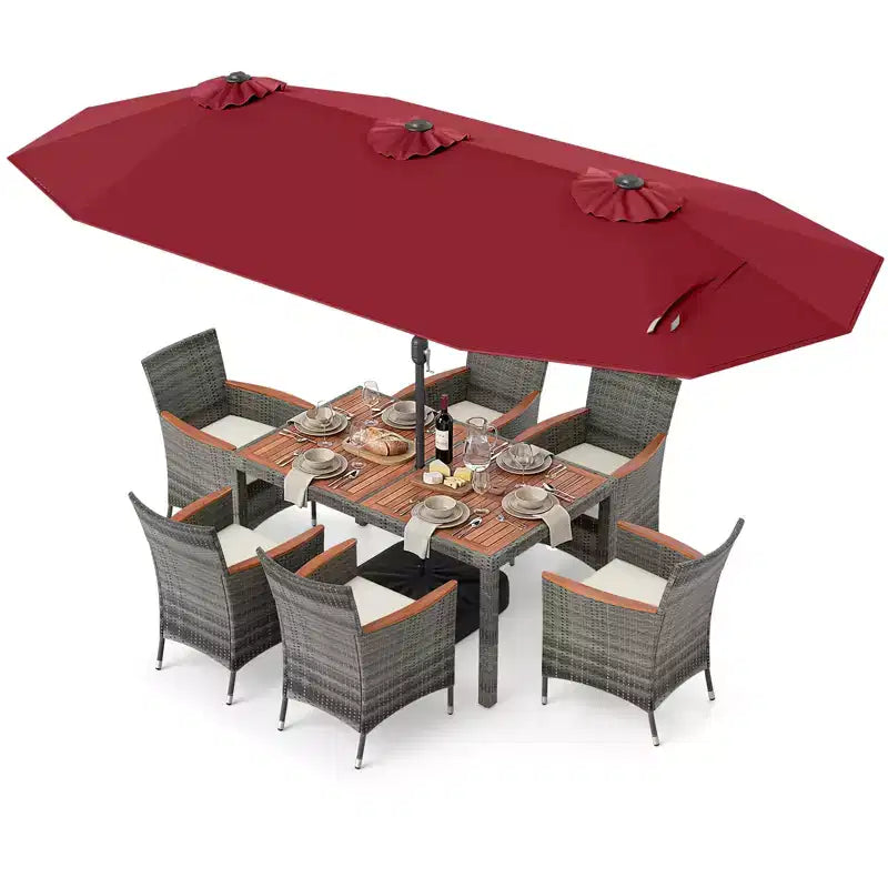 Gymax 8-Piece Patio Dining Set w/ Double-Sided Market Umbrella Acacia Wood Top