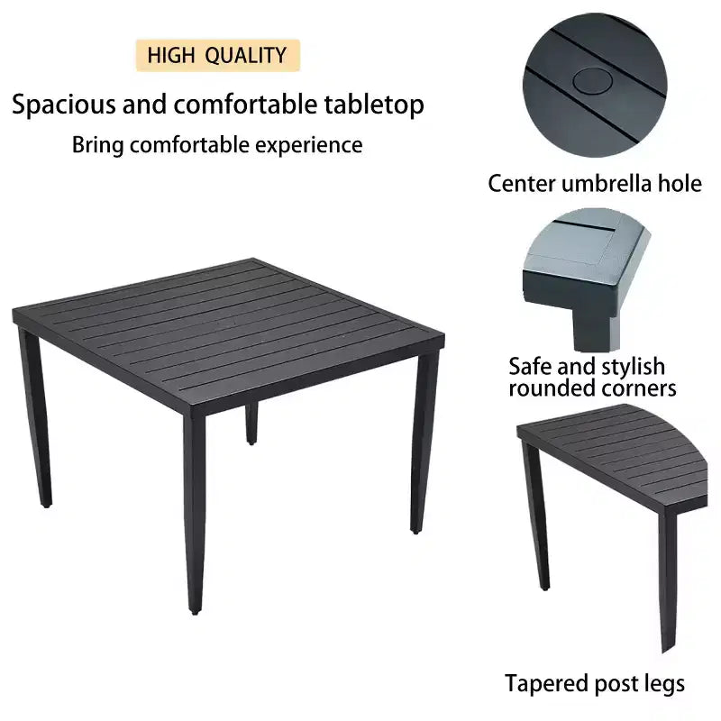 Ensemble de salle à manger d'extérieur moderne 5 pièces en aluminium, table carrée avec trou pour parasol et 4 fauteuils rembourrés pour patio, terrasse, arrière-cour-Panipeachy