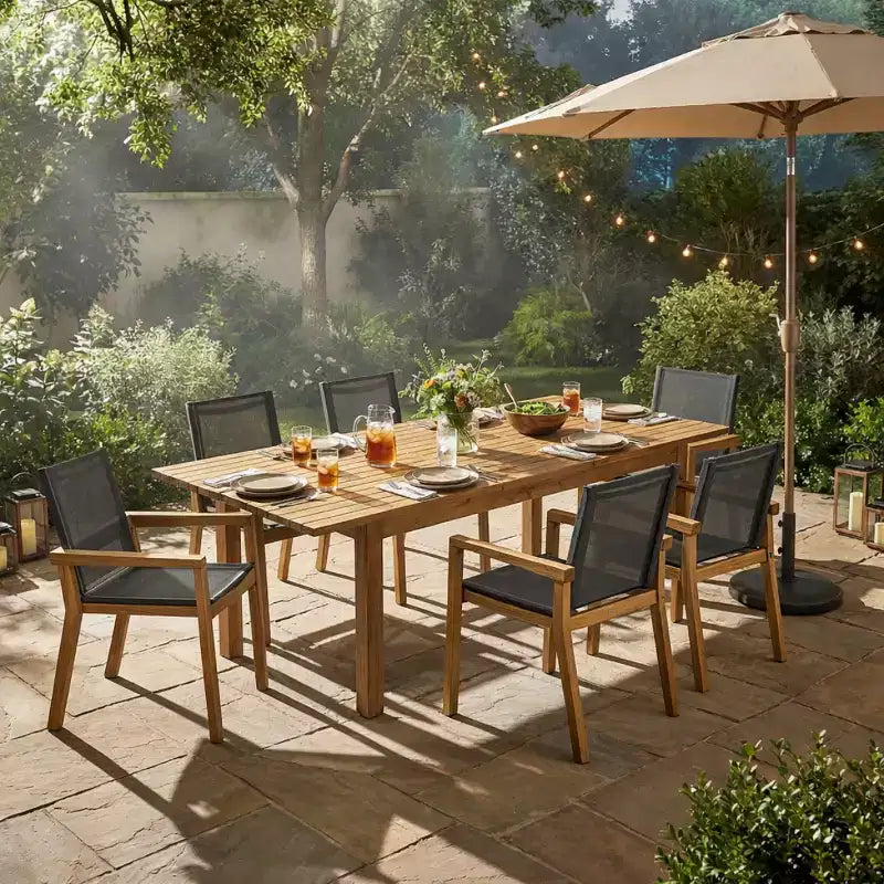 7-Piece Wood Outdoor Extendable Dining Table Set, 6 Mesh Seats Chairs with Wood Frame, Modern Patio Furniture Set for Backyard-Panipeachy