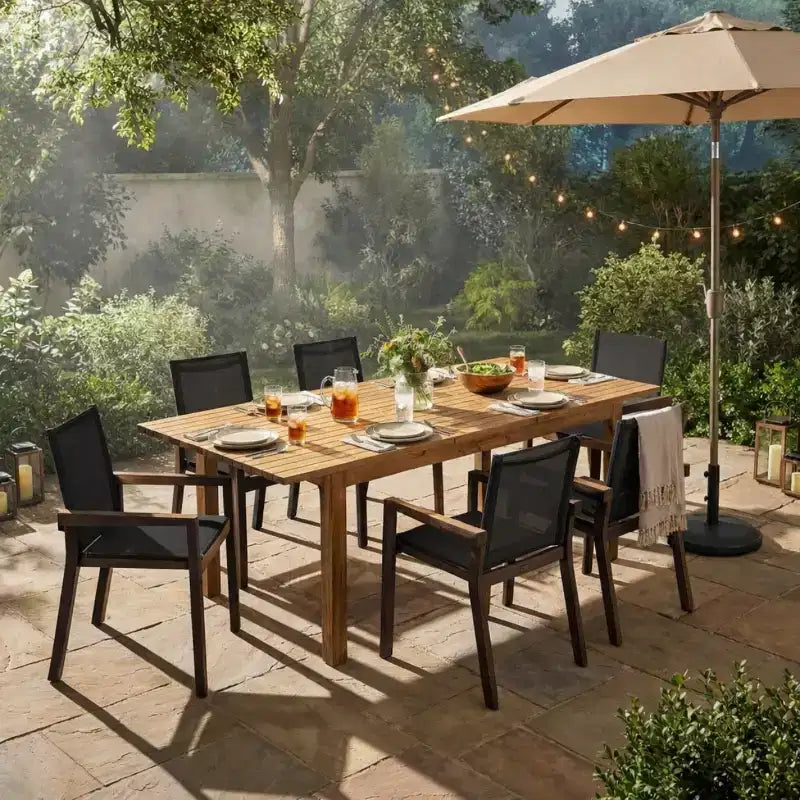 7-Piece Wood Outdoor Extendable Dining Table Set, 6 Mesh Seats Chairs with Wood Frame, Modern Patio Furniture Set for Backyard-Panipeachy