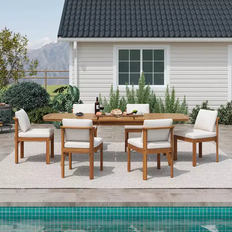 Christopher Knight Home Harrison Patio Modern 7-Piece Acacia Wood Expandable Dining Table and Chairs Set with Cushions