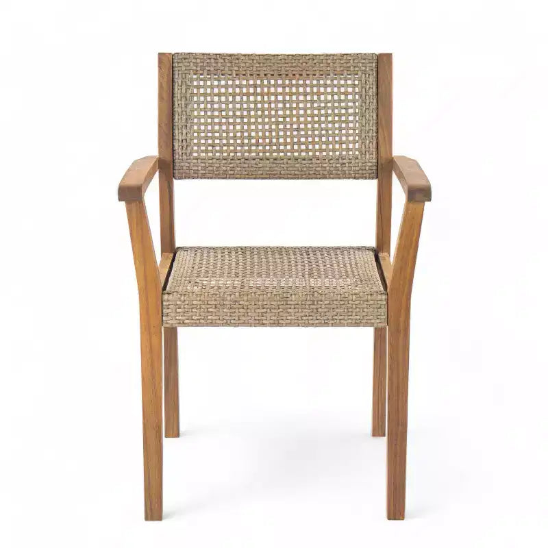 Christopher Knight Home Lucian 5 Piece Patio Farmhouse Acacia Wood Wicker Dining Set with Cushions and Slatted Table
