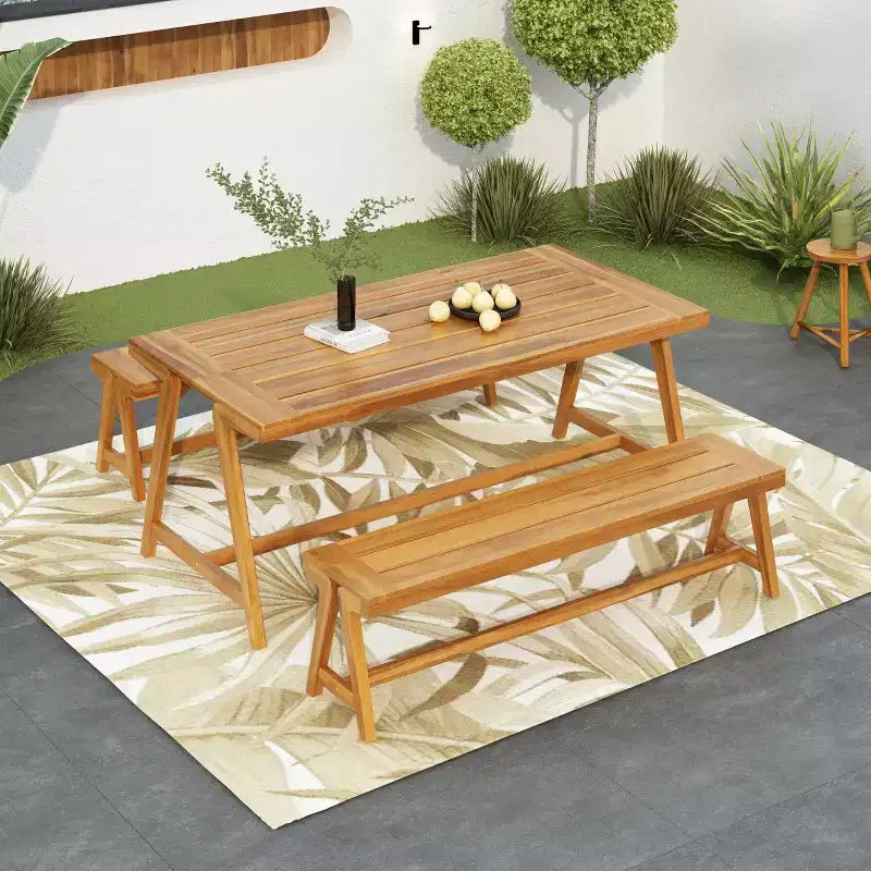 Ensemble de pique-nique extérieur 3 pièces en bois d'acacia, table rectangulaire avec 2 bancs, ensemble de salle à manger compact pour balcon, terrasse, camping-Panipeachy