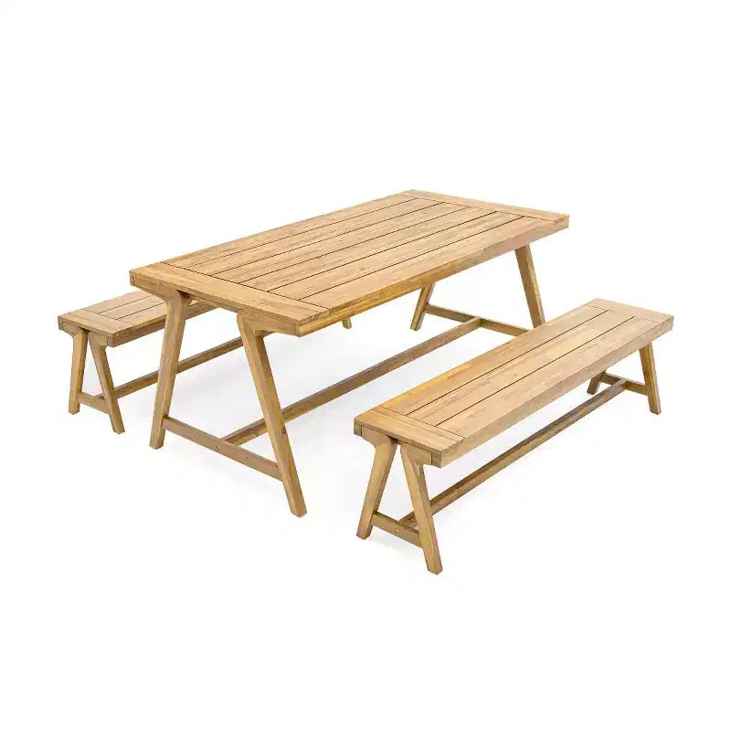 Ensemble de pique-nique extérieur 3 pièces en bois d'acacia, table rectangulaire avec 2 bancs, ensemble de salle à manger compact pour balcon, terrasse, camping-Panipeachy