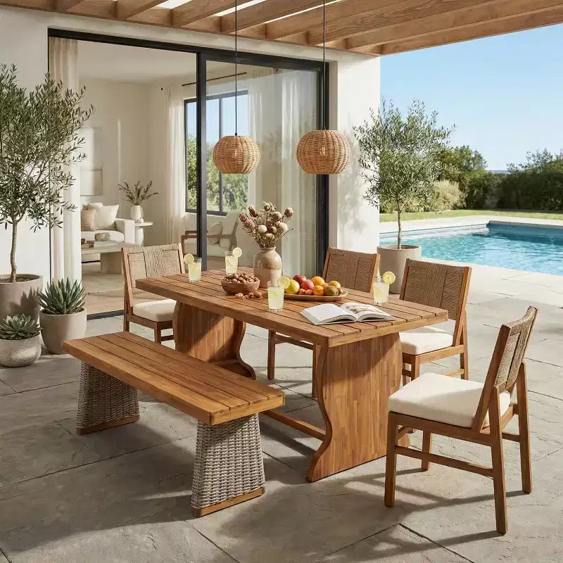 Christopher Knight Home Zola Modern 6 Piece Patio Acacia Dining Chairs with Wicker Backrest and Slatted Table Set