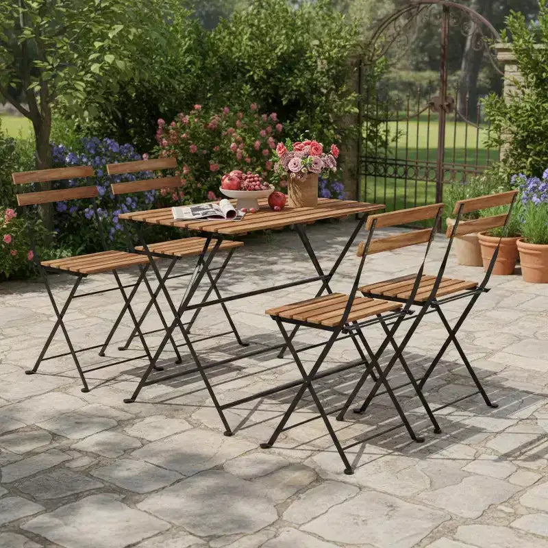 Ensemble de salle à manger de patio 5 pièces Gymax en bois d'acacia avec chaises pliantes à lattes et plateau de table, cadres métalliques robustes pour l'extérieur et l'intérieur