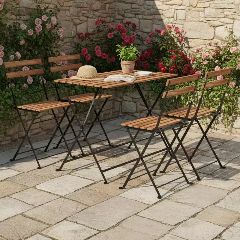 Ensemble de salle à manger de patio 5 pièces Gymax en bois d'acacia avec chaises pliantes à lattes et plateau de table, cadres métalliques robustes pour l'extérieur et l'intérieur
