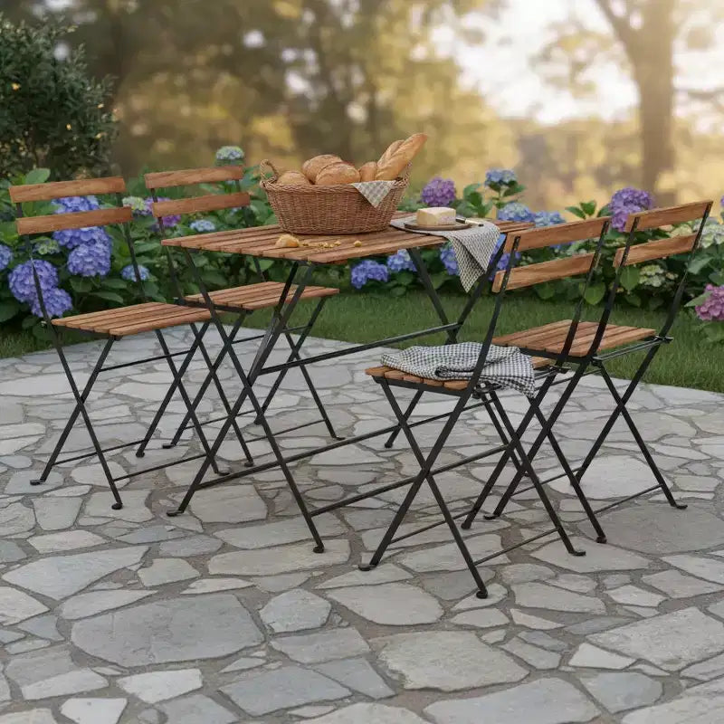 Ensemble de salle à manger de patio 5 pièces Gymax en bois d'acacia avec chaises pliantes à lattes et plateau de table, cadres métalliques robustes pour l'extérieur et l'intérieur
