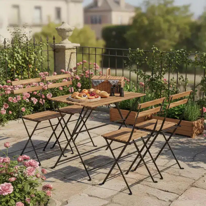 Ensemble de salle à manger de patio 5 pièces Gymax en bois d'acacia avec chaises pliantes à lattes et plateau de table, cadres métalliques robustes pour l'extérieur et l'intérieur