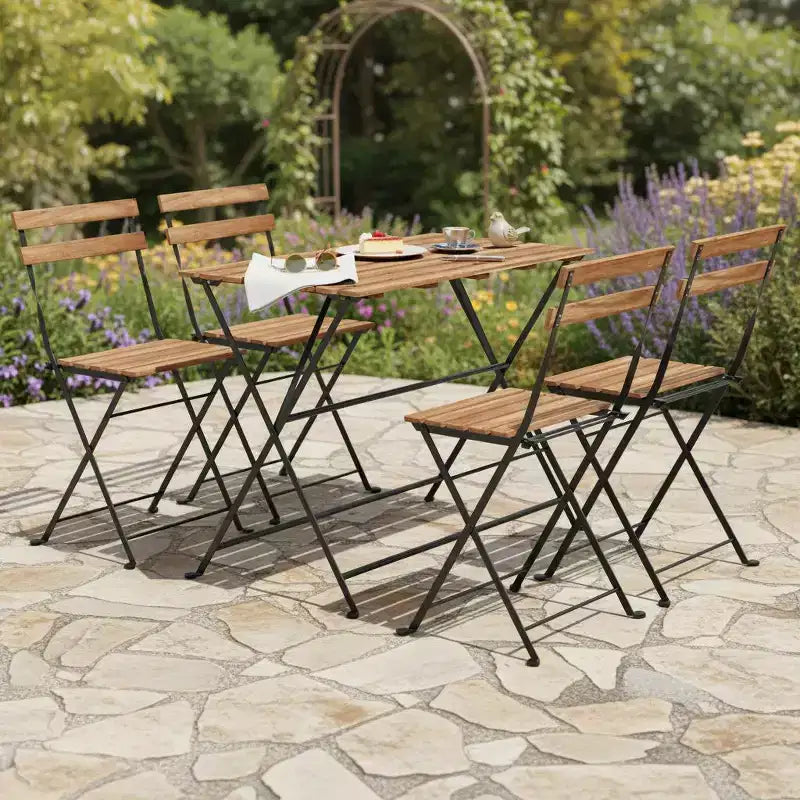 Ensemble de salle à manger de patio 5 pièces Gymax en bois d'acacia avec chaises pliantes à lattes et plateau de table, cadres métalliques robustes pour l'extérieur et l'intérieur