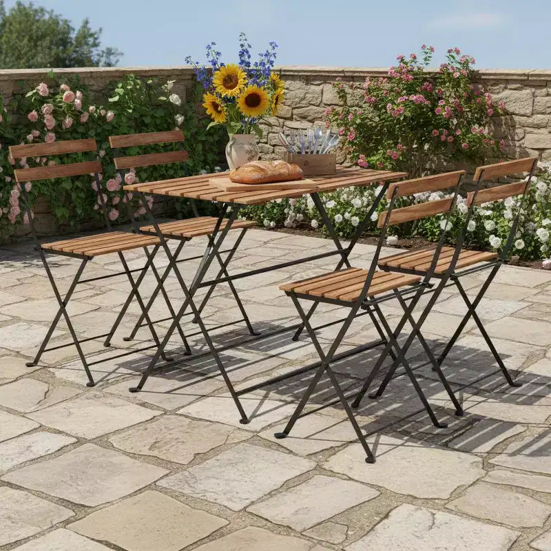 Ensemble de salle à manger de patio 5 pièces Gymax en bois d'acacia avec chaises pliantes à lattes et plateau de table, cadres métalliques robustes pour l'extérieur et l'intérieur