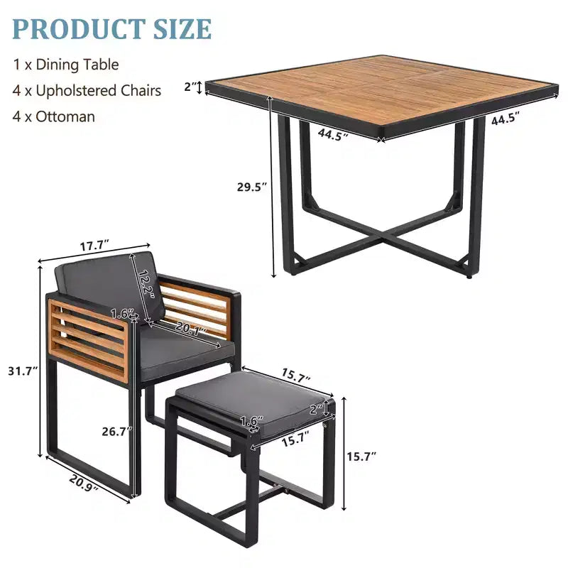 GDFStudio Donald Patio 9-Piece Acacia Wood Dining Set with Square Table, 4 Cushioned Chairs and 4 Stools