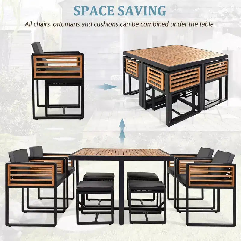 GDFStudio Donald Patio 9-Piece Acacia Wood Dining Set with Square Table, 4 Cushioned Chairs and 4 Stools
