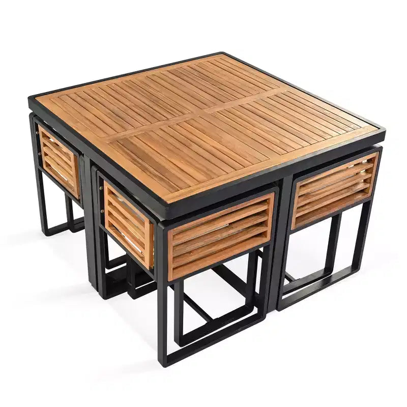 GDFStudio Donald Patio 9-Piece Acacia Wood Dining Set with Square Table, 4 Cushioned Chairs and 4 Stools