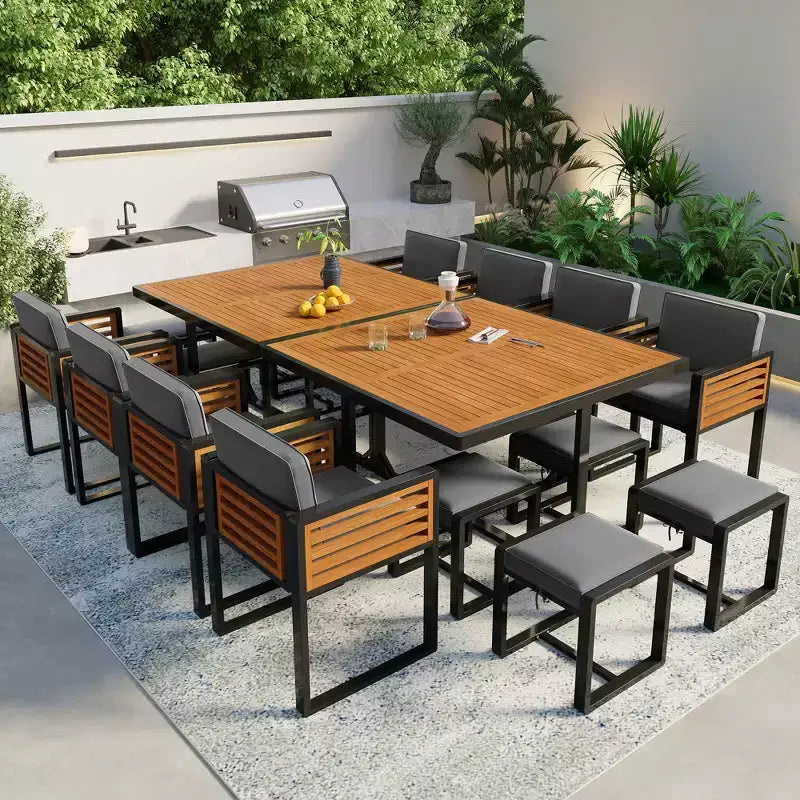 GDFStudio Ernest Patio Modern Acacia Wood 18-Piece Dining Set with 2 Tables, 8 Cushioned Chairs and 8 Ottomans