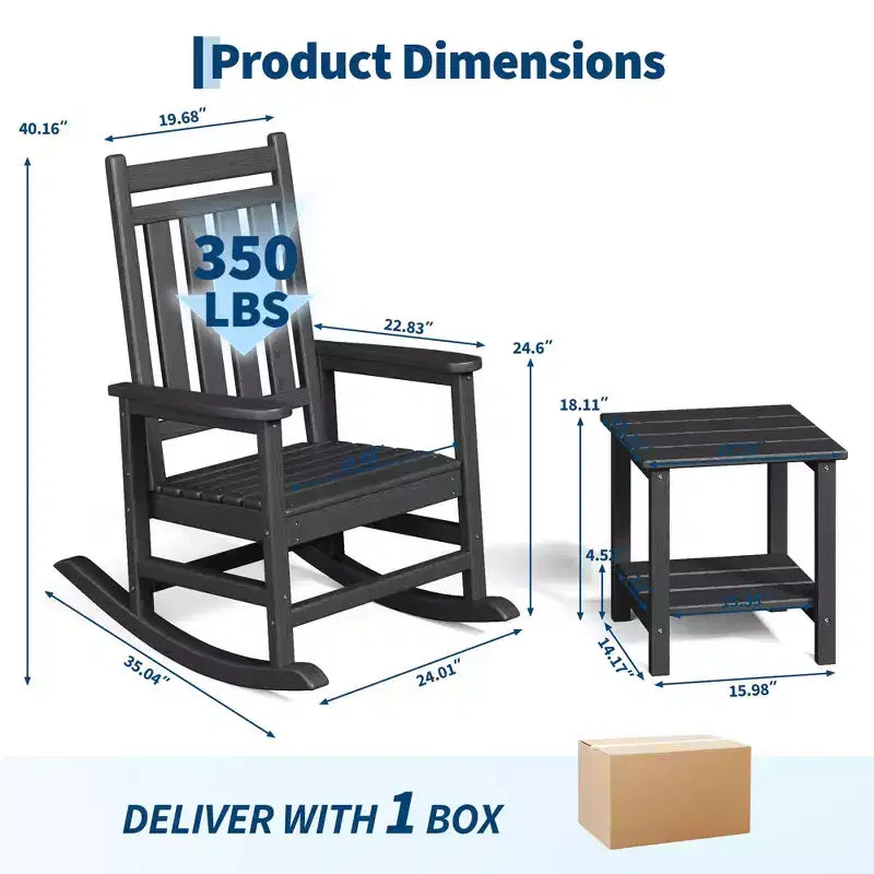 HDPE Rocking Chair Outdoor Set of 2 with Side Table - Poly High Back Porch Rocker Chairs for Adults - All Weather Resistant Furniture for Patio