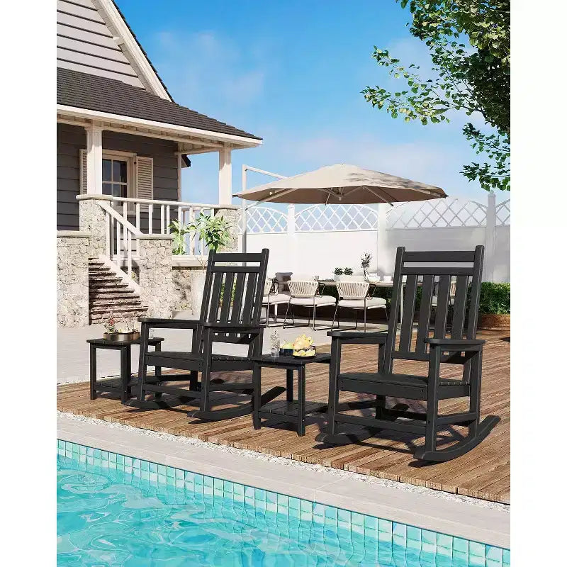 HDPE Rocking Chair Outdoor Set of 2 with Side Table - Poly High Back Porch Rocker Chairs for Adults - All Weather Resistant Furniture for Patio