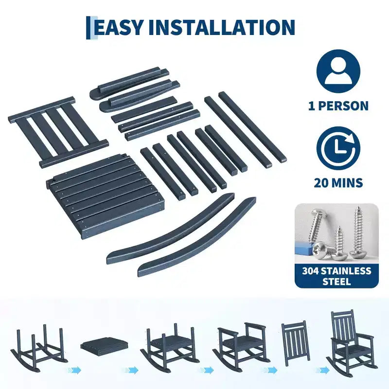 HDPE Rocking Chair Outdoor Set of 2 with Side Table - Poly High Back Porch Rocker Chairs for Adults - All Weather Resistant Furniture for Patio
