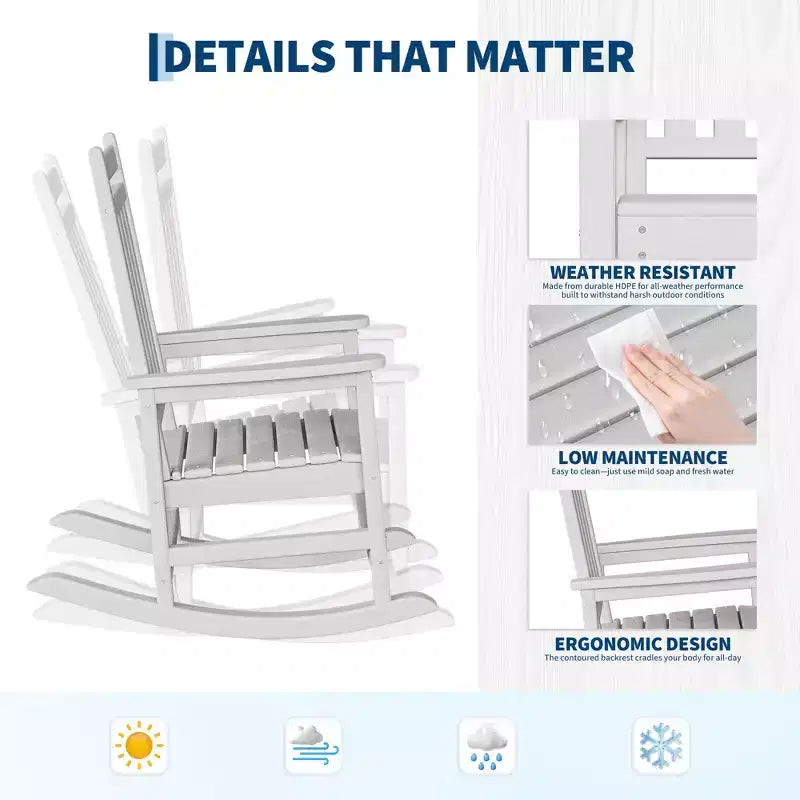 HDPE Rocking Chair Outdoor Set of 2 with Side Table - Poly High Back Porch Rocker Chairs for Adults - All Weather Resistant Furniture for Patio