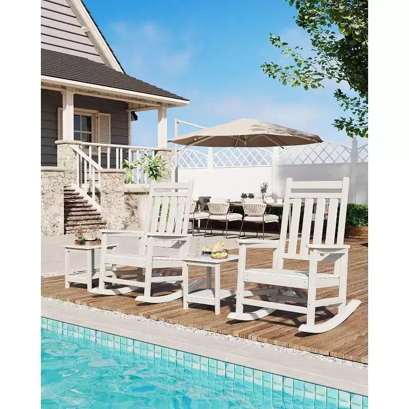 HDPE Rocking Chair Outdoor Set of 2 with Side Table - Poly High Back Porch Rocker Chairs for Adults - All Weather Resistant Furniture for Patio