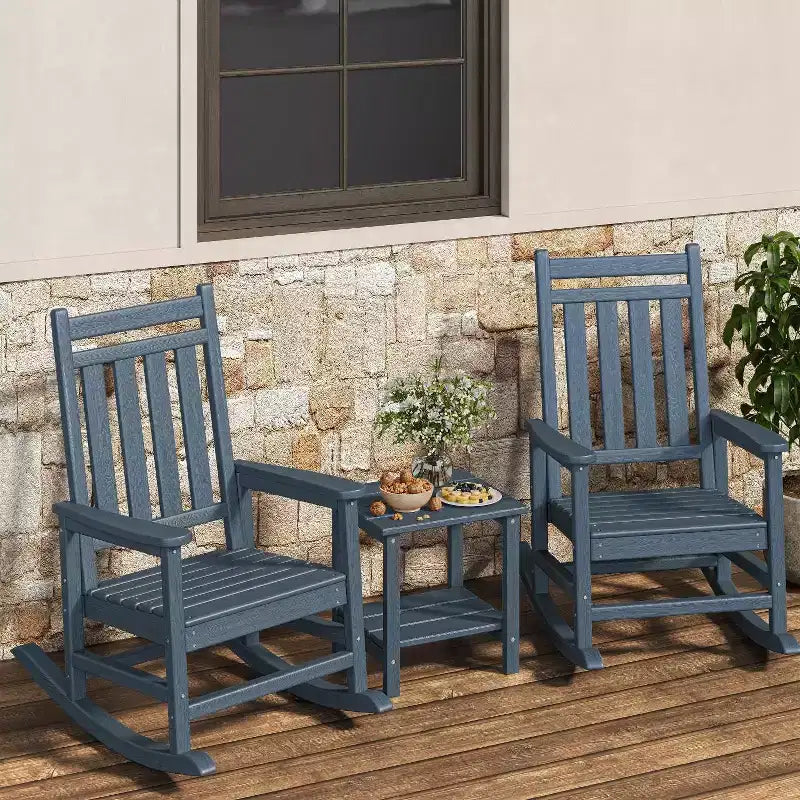 HDPE Rocking Chair Outdoor Set of 2 with Side Table - Poly High Back Porch Rocker Chairs for Adults - All Weather Resistant Furniture for Patio